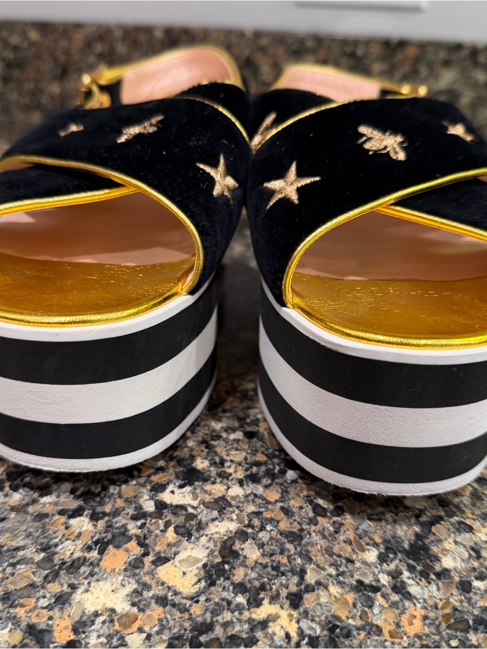 Gucci Black Velvet Platform Sandals with Gold Embroidery 38.5 - Picture 8 of 9